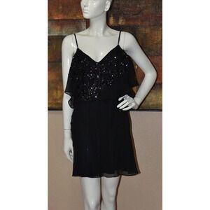 KAREN MILLEN Designer Black Party Cocktail Dress Sequin Frill Top Size 12